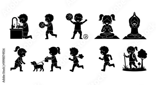 Set of Children Daily Activities Silhouettes