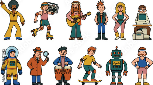 Set of diverse cartoon characters representing different historical eras and styles