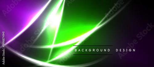 Vibrant neon lines intersect over dark background. Gradient transitions from purple to green create dynamic visual effect. Modern design element.