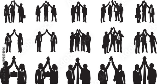 Silhouettes of diverse business teams celebrating success and collaboration.