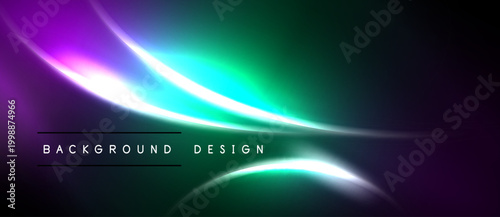 Abstract background features vibrant curves, gradients. Purple, green hues dominate design, creating dynamic visual effect.
