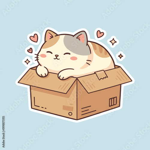 Cute calico cat napping in cardboard box with love hearts illustration