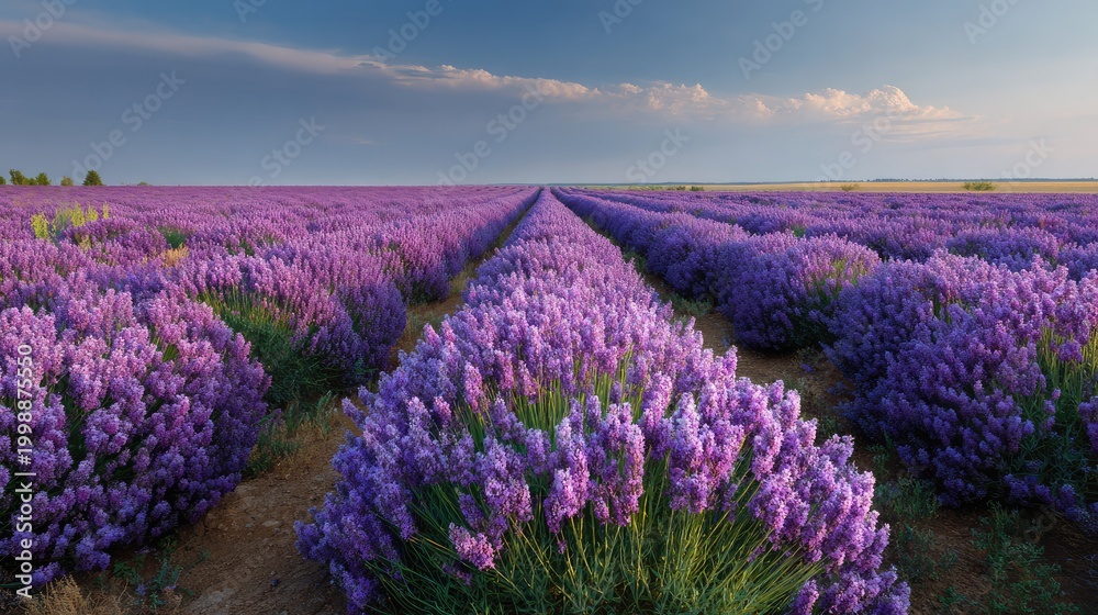 Obraz premium Lush Lavender Fields Stretching to the Horizon Under a Clear Blue Sky, Capturing the Beauty of Nature in Blooming Floral Splendor