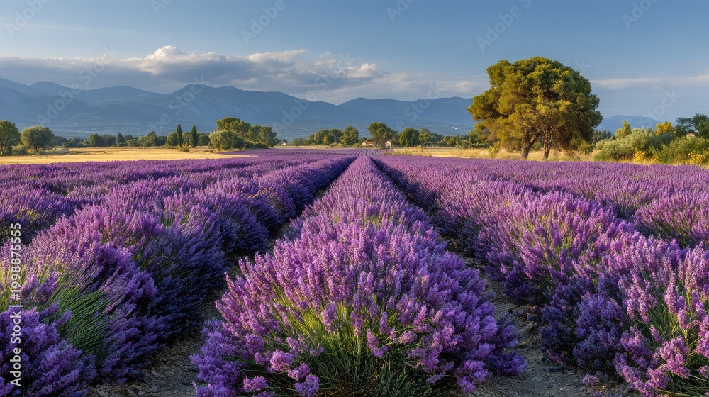 Obraz premium Expansive Lavender Field Under a Scenic Sky with Mountains in the Background During Golden Hour Light