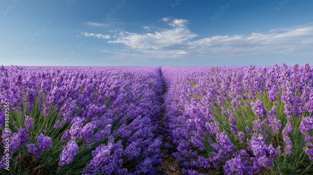 Obraz premium Vast Lavender Field Under Clear Blue Sky with Soft Clouds in Background, Capturing the Beauty of Nature and Tranquility in Vibrant Purple Hues