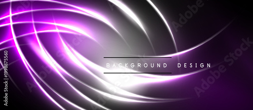 Abstract purple neon lines create dynamic swirling pattern. Dark background enhances glowing effect, modern design element.