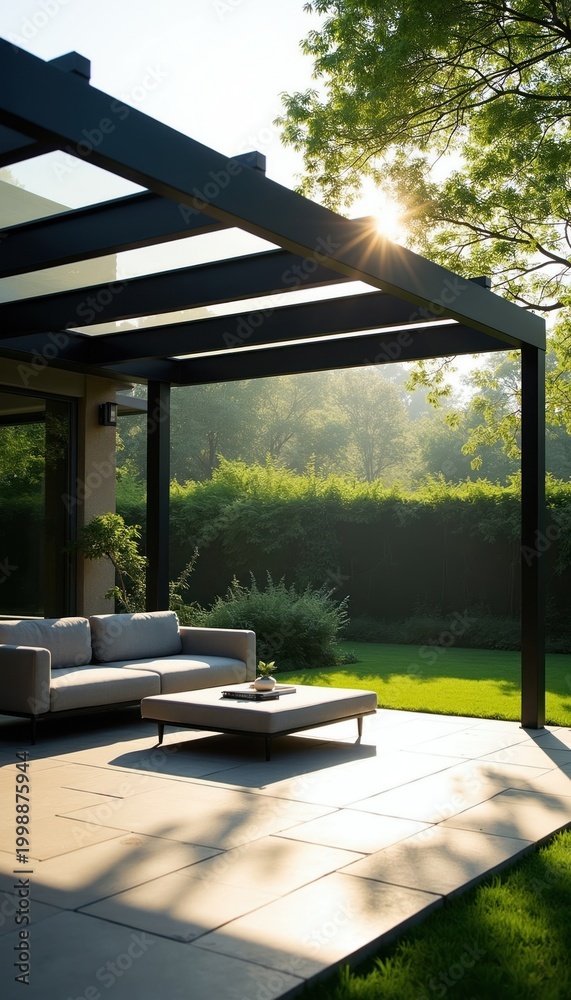 Fototapeta premium Modern patio with sofa and table under pergola. Outdoor furniture set on stone tiles near green lawn and garden hedge. Bright sun shines through tree leaves.