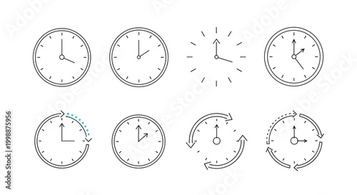 Assortment of minimalist clock face icons in different styles provides versatile options for timekeeping and web design.