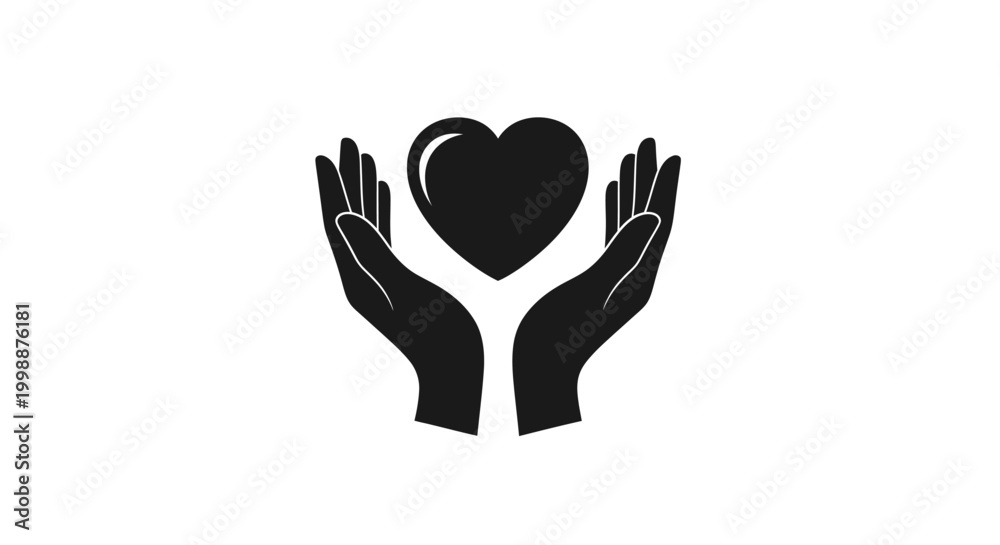 Fototapeta premium Black Silhouette of Hands Cupping a Heart Icon on White Background