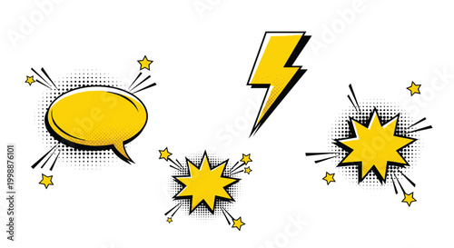 Comic book elements including a speech bubble, lightning bolt, and starbursts are rendered in bright yellow and black.