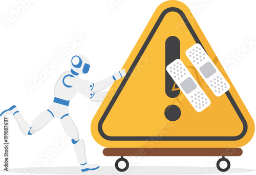 Robot pushing a caution sign on a trolley with bandages