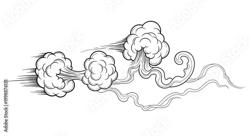 Detailed hand-drawn clouds of smoke and vapor moving with speed are depicted in a classic black and white line art style.