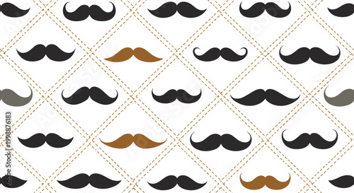Seamless pattern of various mustache styles on a diamond grid background creates a fun and vintage theme for men's grooming.