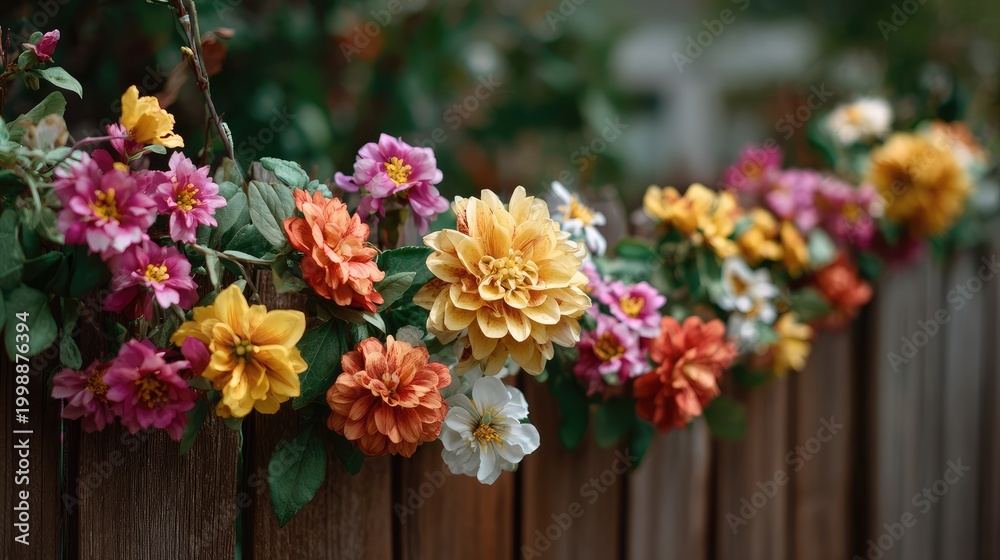 Fototapeta premium Colorful Flower Arrangement on Wooden Fence Surrounded by Lush Greenery in a Bright and Inviting Garden Setting