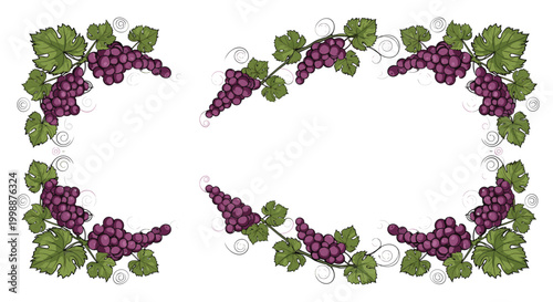 Decorative frame made of purple grape clusters and green leaves creates an elegant border for wine or food related designs.