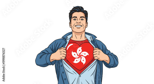 Smiling man tearing open his denim shirt to reveal a red heart with the flag of hong kong in superhero pose on white background.