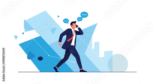 Businessman in a suit and tie walking quickly while talking on a mobile phone against an abstract blue background design.