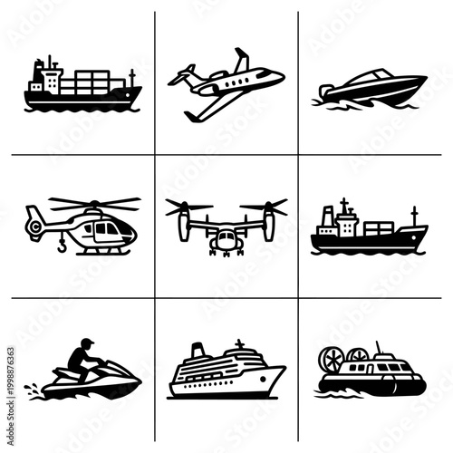 Various transportation vehicles including ships and aircraft on water and in air