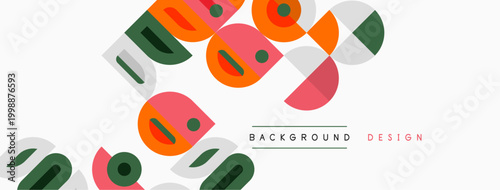 Abstract geometric shapes overlap, creating modern design. Colors include green, orange, gray, pink, beige. Minimalist aesthetic.