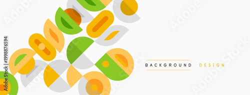 Abstract geometric pattern. Overlapping shapes create dynamic visual texture. Orange, green, gray tones dominate composition. Minimalist design.