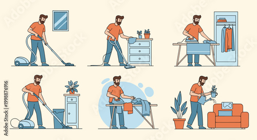 Series of illustrations showing a man in a red shirt performing various household chores like vacuuming, ironing, and watering plants.