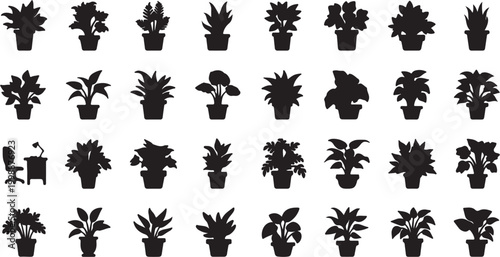 Collection of various potted plant silhouettes diverse indoor foliage in pots.