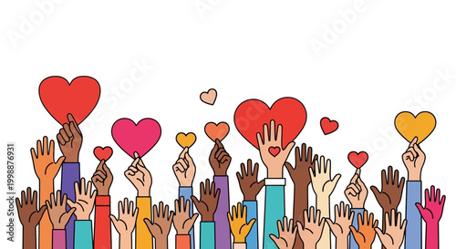 Diverse Hands Holding Hearts, Symbolizing Love, Unity, Charity, and Support