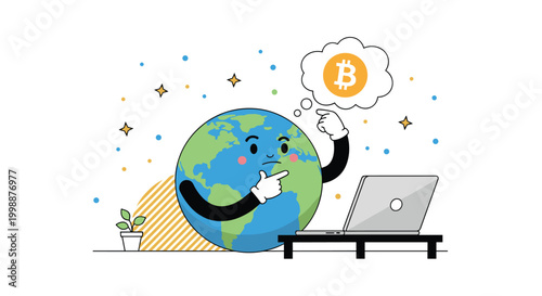 Cute planet earth cartoon character sitting at laptop and thinking about bitcoin cryptocurrency with thought bubble and stars.