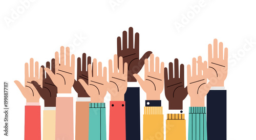Diverse Hands Raised Up Together - Voting, Volunteering, Community, Teamwork Concept