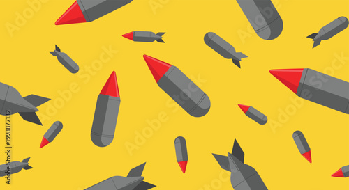 Seamless pattern design featuring multiple grey and red bombs falling downwards against bright yellow background representing war.