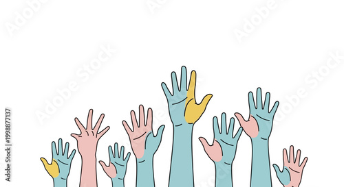 Diverse Hands Raised Up, Voting, Support, Community, Teamwork, Unity, Inclusion