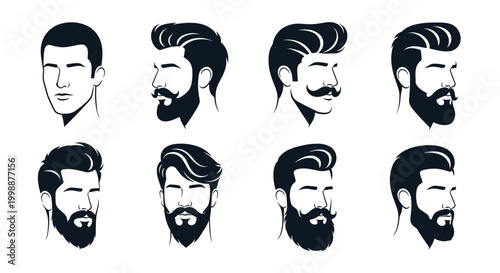 Collection of male head silhouettes viewed from different profile angles shows various hair and beard styles in black.