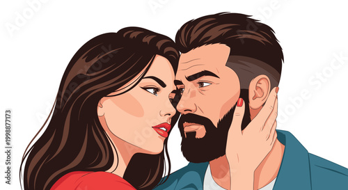 Close up portrait of attractive man and woman in intimate embrace looking into each others eyes with passion and love.