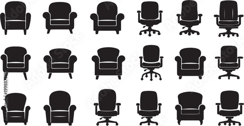 Collection of various chair silhouettes including armchairs and office chairs.