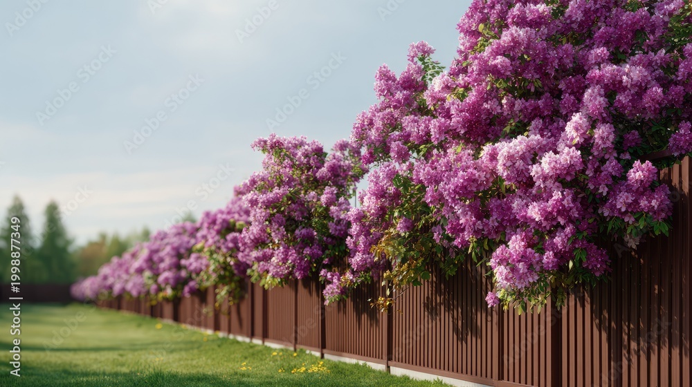 Obraz premium Lush Blossom-Heavy Fence Line in Springtime with Vibrant Purple Flowers and Green Grass Under Clear Sky