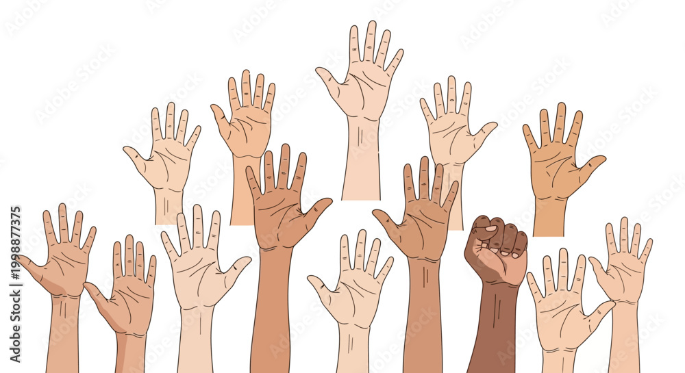 Fototapeta premium Diverse Hands Raised Upwards, Voting, Participation, Unity, Community, Different Skin Tones