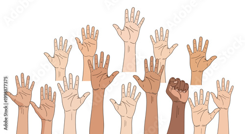 Diverse Hands Raised Upwards, Voting, Participation, Unity, Community, Different Skin Tones