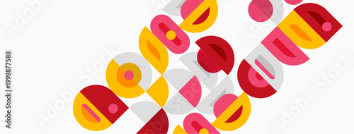 Abstract geometric shapes overlap, creating vibrant visual texture. Colors include yellow, pink, red, beige. Composition feels modern, playful.