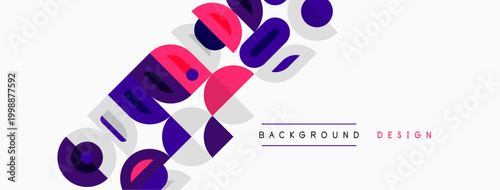 Abstract geometric shapes, vibrant colors, modern design. Background features circles, squares, rectangles, pink, blue hues.