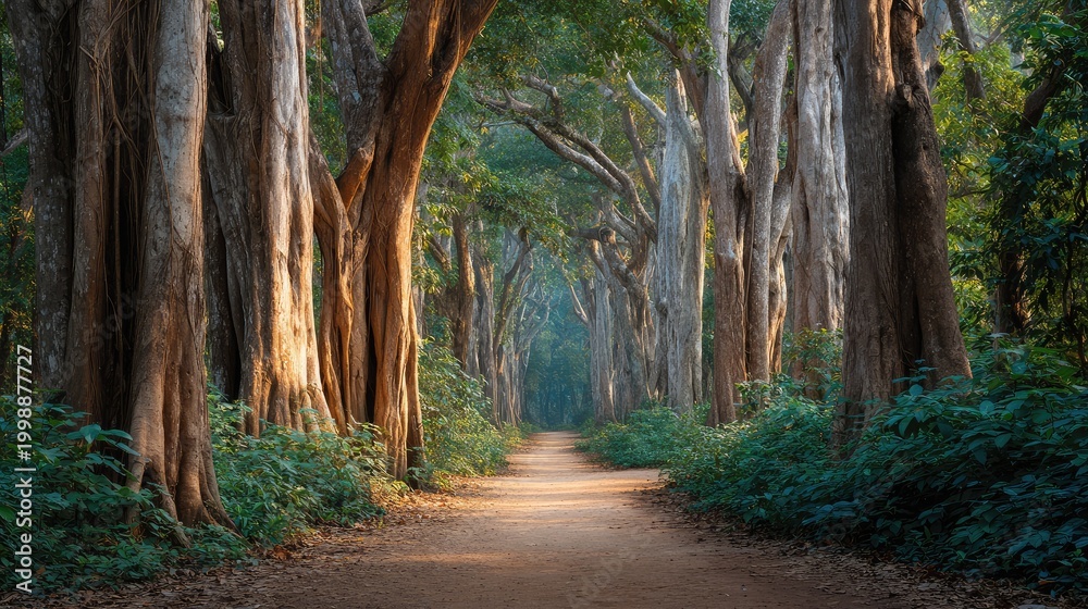 Fototapeta premium Lush and Serene Forest Path Surrounded by Majestic Trees and Green Foliage Beneath a Soft Morning Light Creating a Peaceful Atmosphere