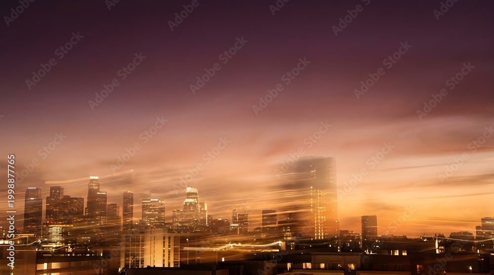Fototapeta premium Abstract city skyline at sunset with motion blur, urban cityscape with long exposure light trails, purple and orange twilight sky over downtown buildings