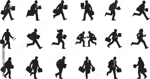 Silhouettes of diverse business people walking and running showcasing various poses and dynamic movement.