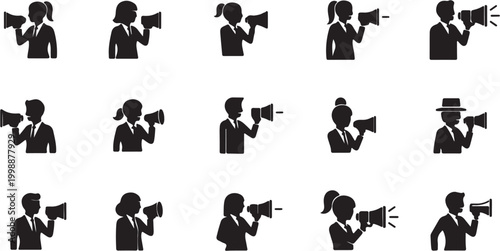 Megaphone announcement icons people speaking through loudspeakers communication and marketing symbols.