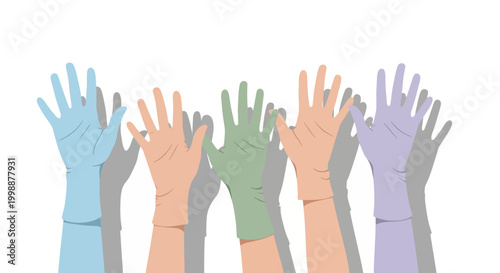 Diverse Hands Wearing Colorful Medical Gloves Raised Up, Healthcare Teamwork Concept