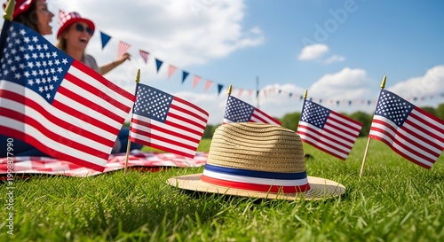 Festive fourth of july celebration with american flags and patriotic straw hat