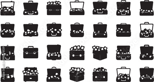 Collection of Briefcases Filled with Money and Coins Financial Success and Wealth Icon Set.