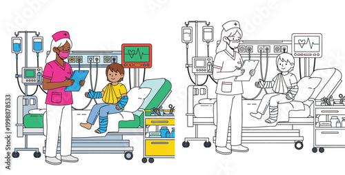Nurse taking care of a boy patient in a hospital room with broken arm and leg, set of colored illustration and line art vector for coloring book, pediatric medical care concept.