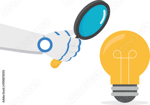 Robot analyzing an idea lightbulb with a magnifying glass