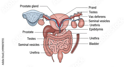 Diagram illustrating the male reproductive and urinary systems including the prostate, testes, seminal vesicles, vas deferens, epididymis, bladder, and urethra