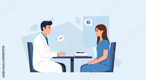 Doctor consulting patient, medical checkup, healthcare concept, patient with question mark
